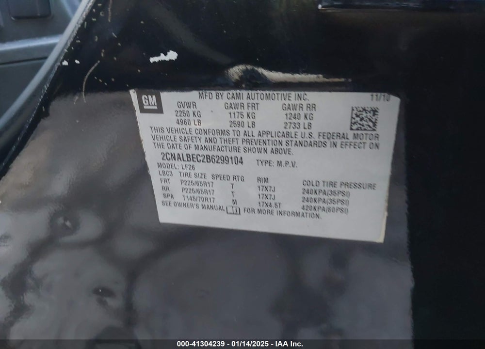 2011 CHEVROLET EQUINOX LS VIN: 2CNALBEC2B6299104