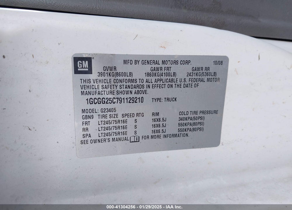 2009 CHEVROLET EXPRESS 2500 WORK VAN VIN: 1GCGG25C791129210