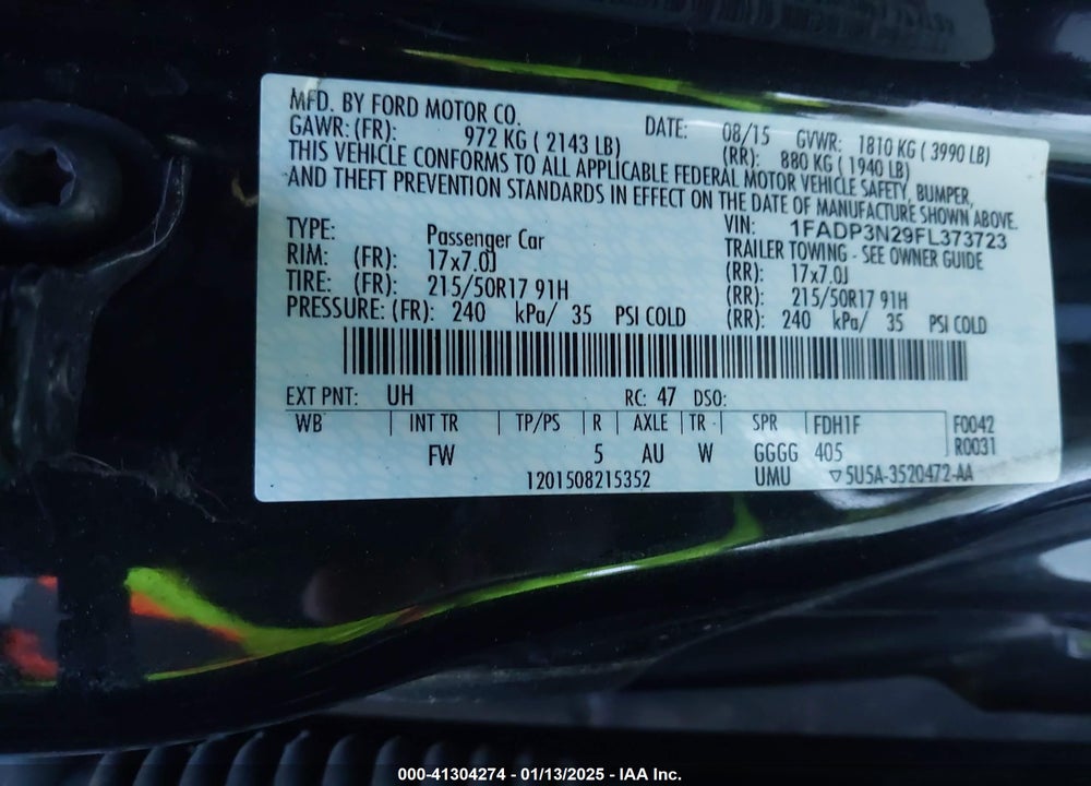 2015 FORD FOCUS VIN: 1FADP3N29FL373723