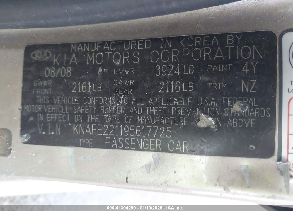 2009 KIA SPECTRA EX VIN: KNAFE221195617725