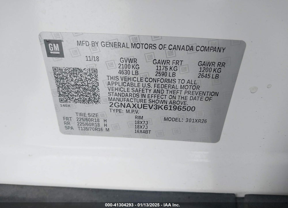 2019 CHEVROLET EQUINOX LT VIN: 2GNAXUEV3K6196500