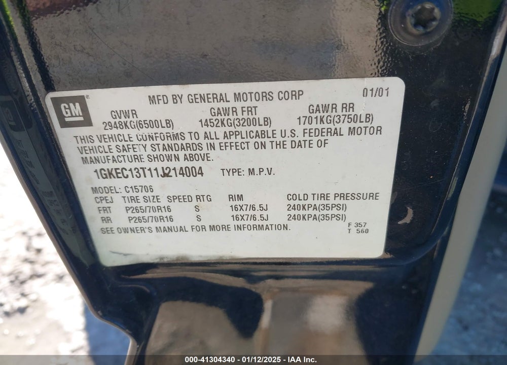 2001 GMC YUKON SLT VIN: 1GKEC13T11J214004