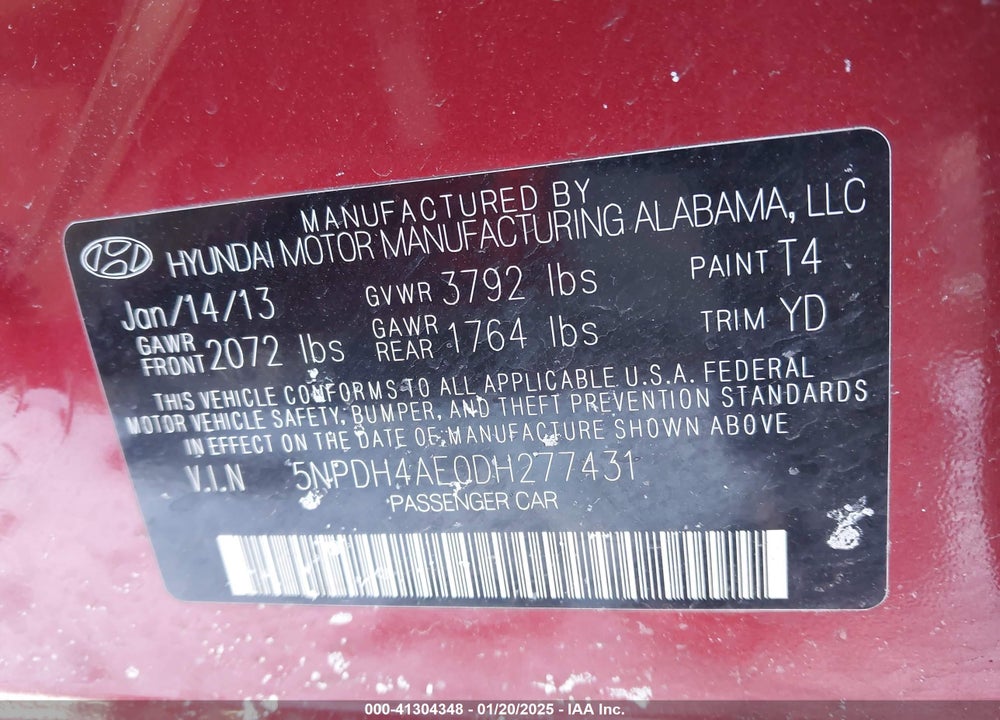 2013 HYUNDAI ELANTRA VIN: 5NPDH4AE0DH277431