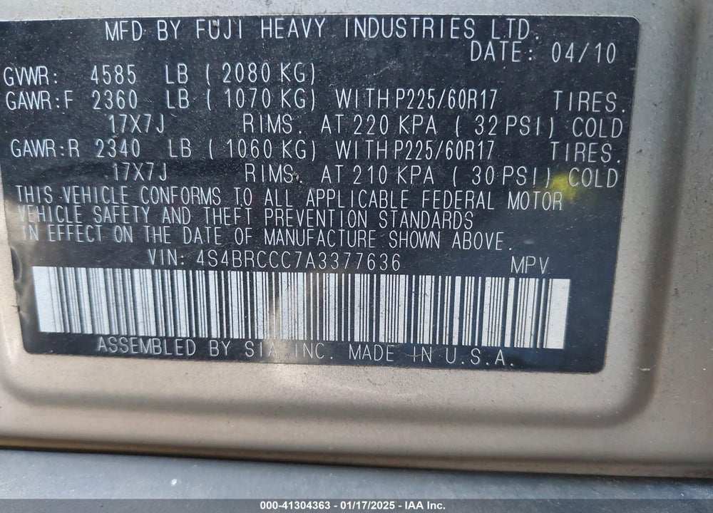 2010 SUBARU OUTBACK 2.5I PREMIUM VIN: 4S4BRCCC7A3377636