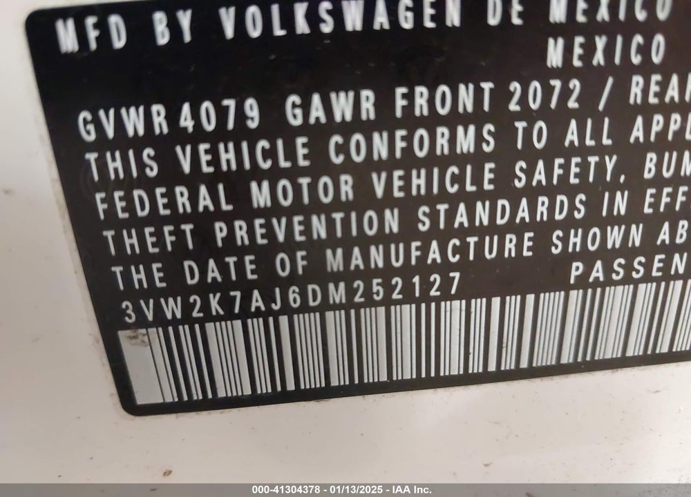 2013 VOLKSWAGEN JETTA VIN: 3VW2K7AJ6DM252127