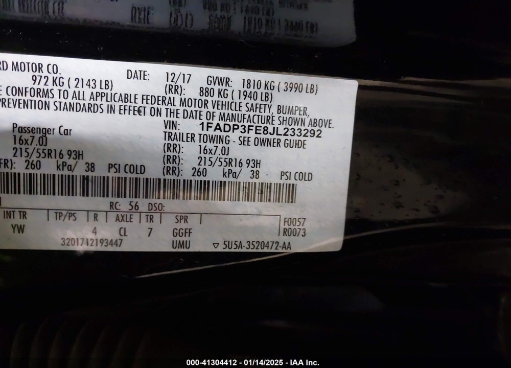 2018 FORD FOCUS VIN: 1FADP3FE8JL233292