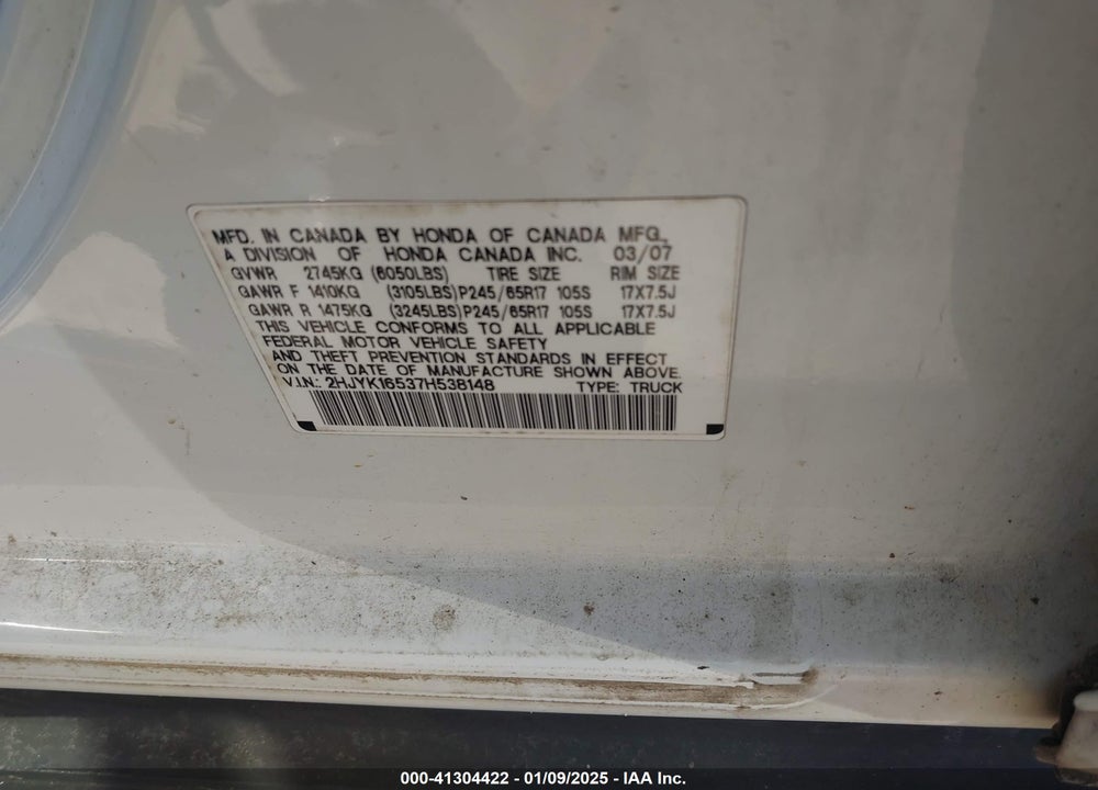 2007 HONDA RIDGELINE RTL VIN: 2HJYK16537H538148