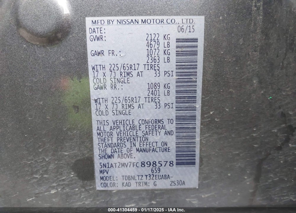 2015 NISSAN ROGUE SV VIN: 5N1AT2MV7FC898578