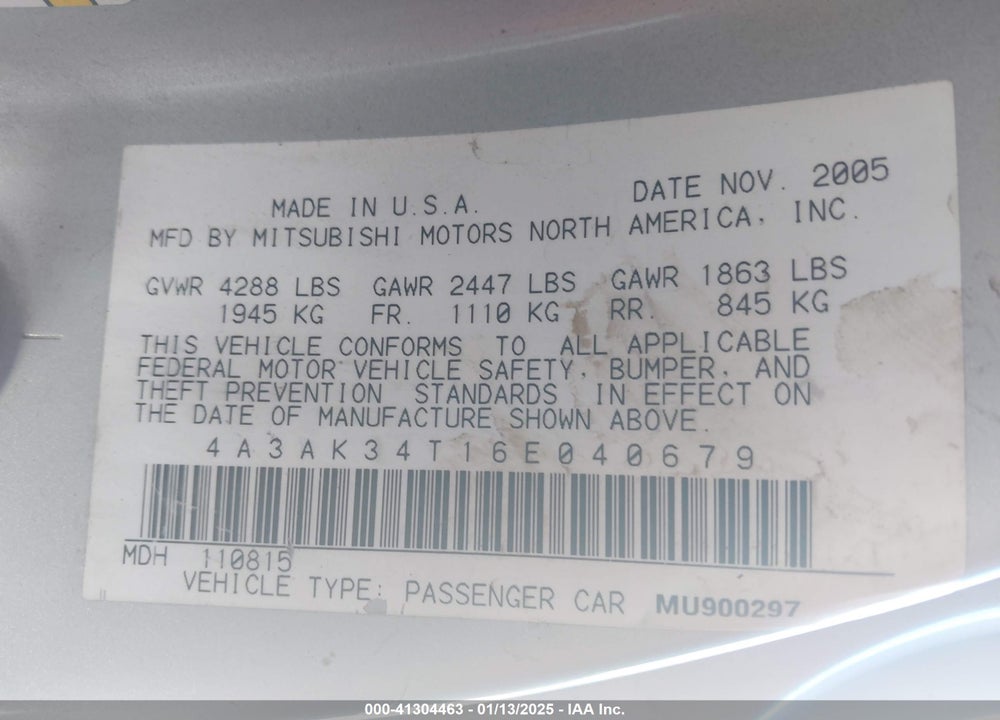 2006 MITSUBISHI ECLIPSE VIN: 4A3AK34T16E040679