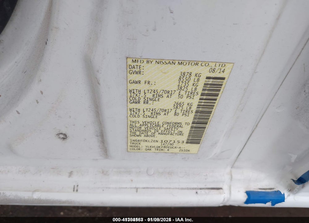 2014 NISSAN NV CARGO NV1500 S V6 VIN: 1N6BF0KL2EN107153