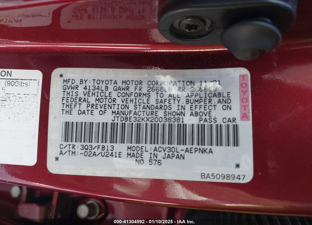 2002 TOYOTA CAMRY LE VIN: JTDBE32KX20038381