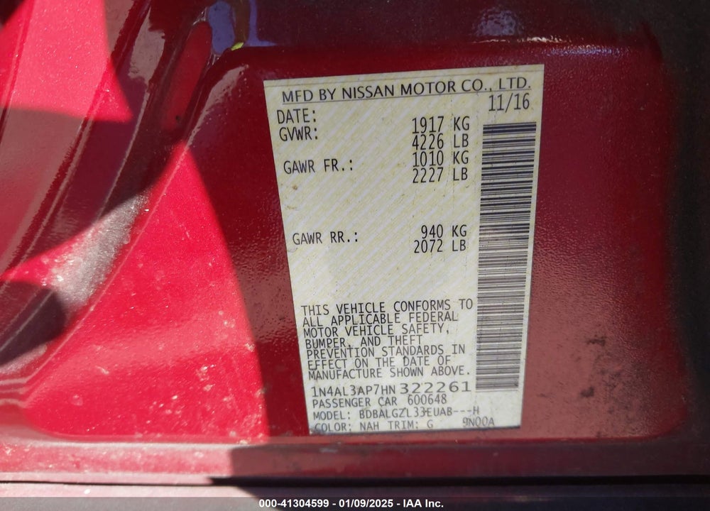 2017 NISSAN ALTIMA VIN: 1N4AL3AP7HN322261