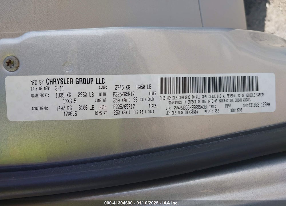 2011 VOLKSWAGEN ROUTAN SE VIN: 2V4RW3DGXBR695438