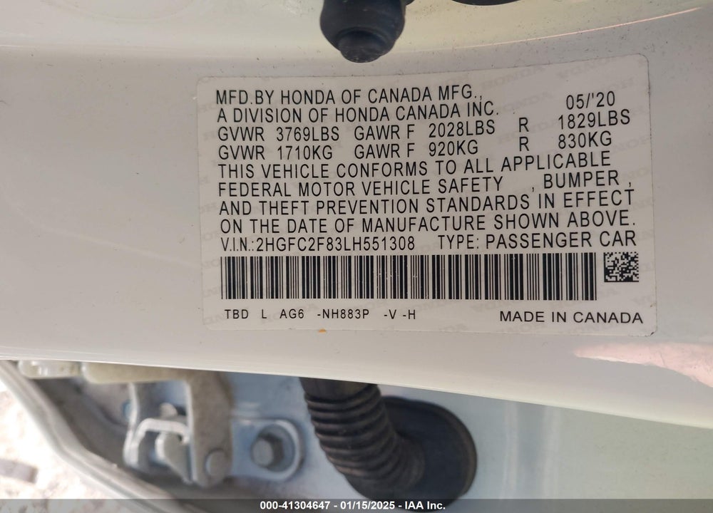 2020 HONDA CIVIC VIN: 2HGFC2F83LH551308