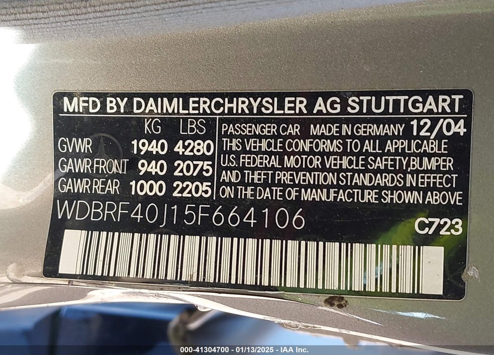 2005 MERCEDES-BENZ C 230 KOMPRESSOR SPORT VIN: WDBRF40J15F664106