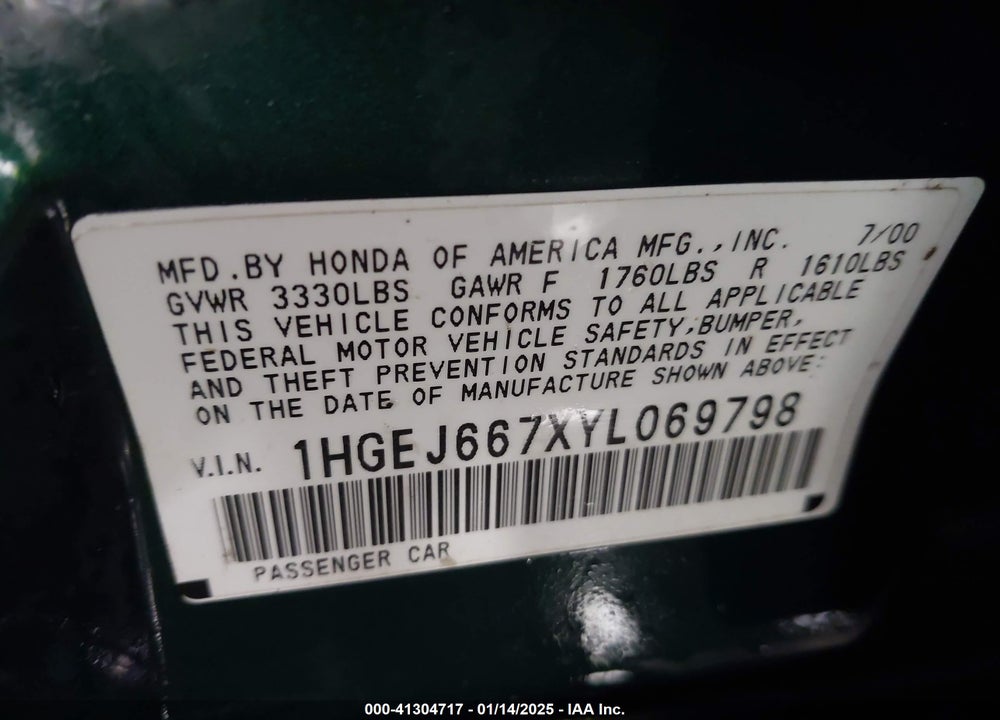 2000 HONDA CIVIC LX VIN: 1HGEJ667XYL069798