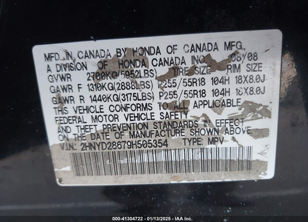 2009 ACURA MDX TECHNOLOGY PACKAGE VIN: 2HNYD28679H505354