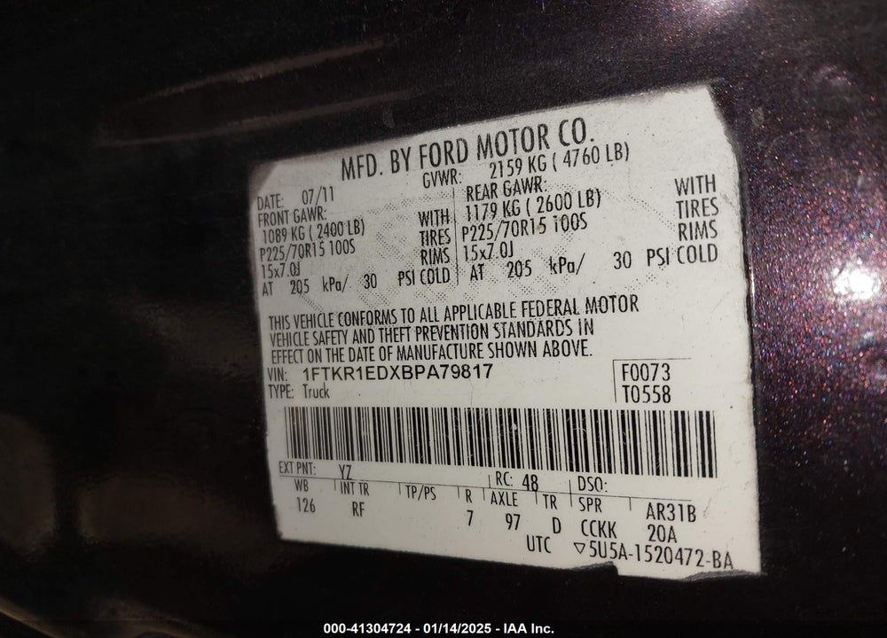 2011 FORD RANGER VIN: 1FTKR1EDXBPA79817