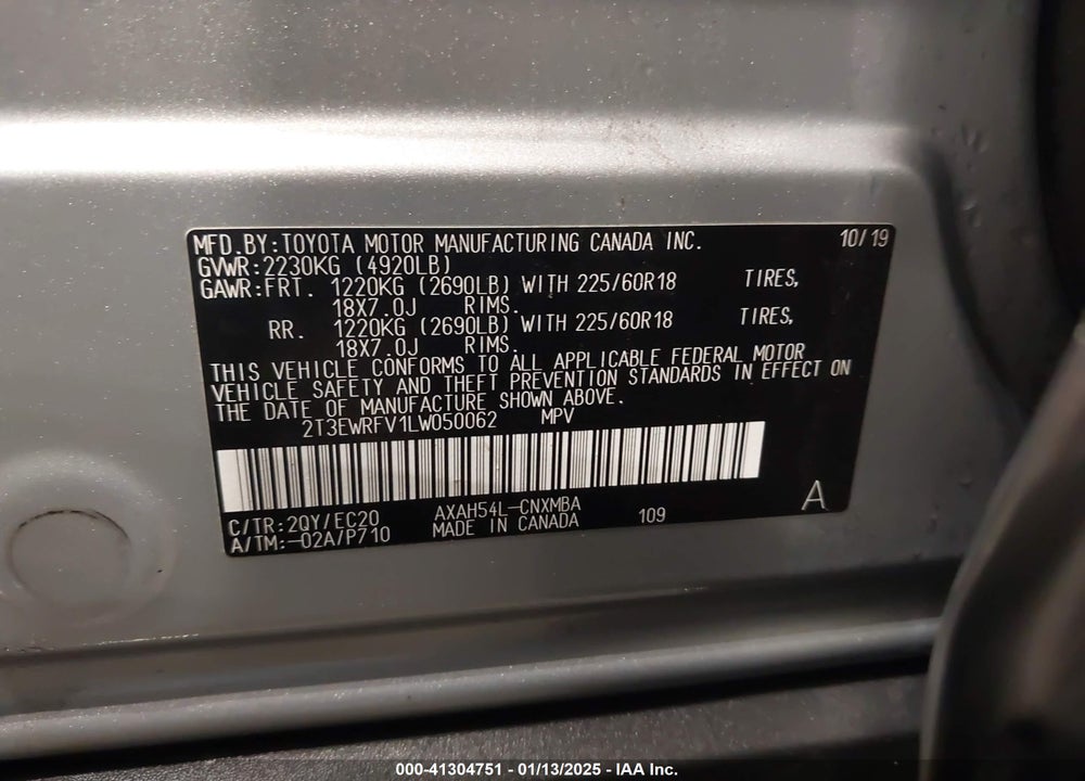 2020 TOYOTA RAV4 HYBRID XSE VIN: 2T3EWRFV1LW050062