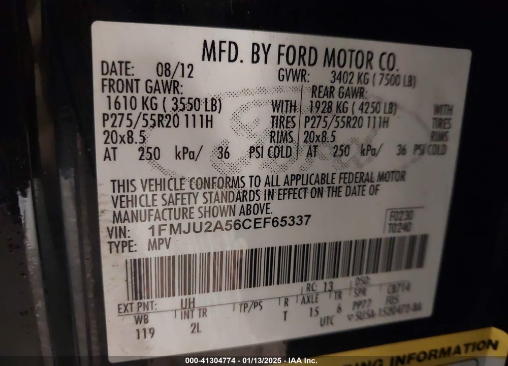 2012 FORD EXPEDITION LIMITED VIN: 1FMJU2A56CEF65337