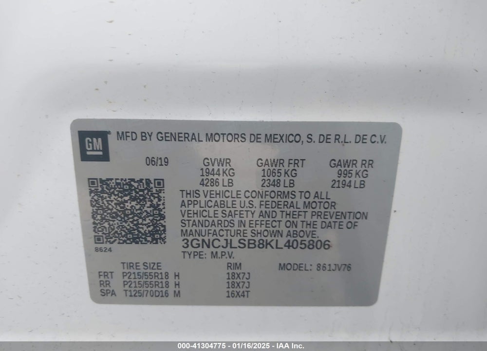 2019 CHEVROLET TRAX LT VIN: 3GNCJLSB8KL405806