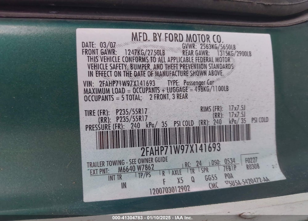 2007 FORD CROWN VICTORIA VIN: 2FAHP71W97X141693