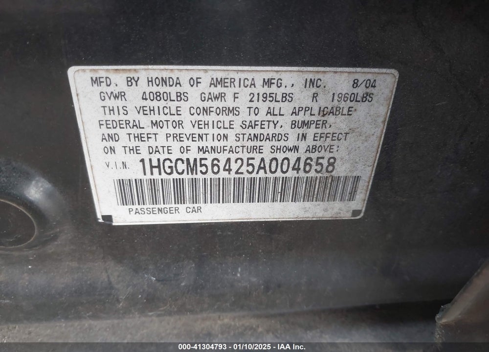 2005 HONDA ACCORD 2.4 LX VIN: 1HGCM56425A004658