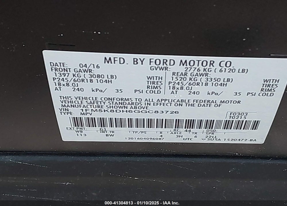 2016 FORD EXPLORER XLT VIN: 1FM5K8DH6GGC83726