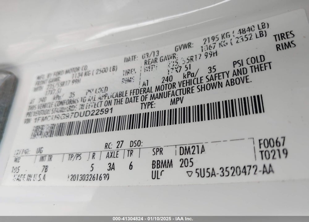 2013 FORD ESCAPE SE VIN: 1FMCU9G97DUD22591