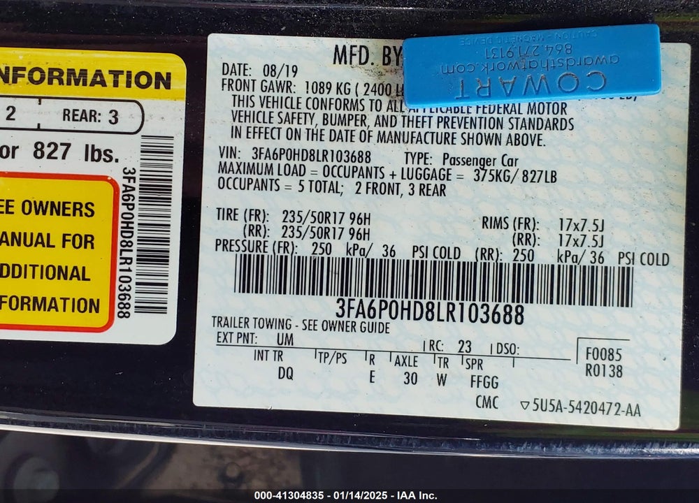 2020 FORD FUSION VIN: 3FA6P0HD8LR103688