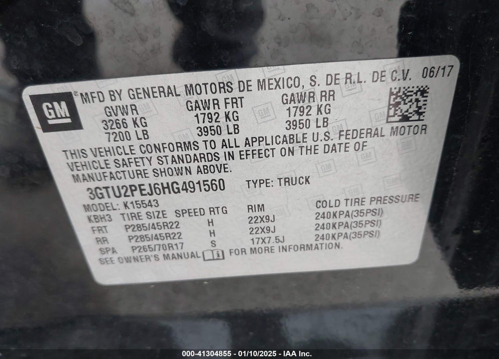 2017 GMC SIERRA 1500 VIN: 3GTU2PEJ6HG491560
