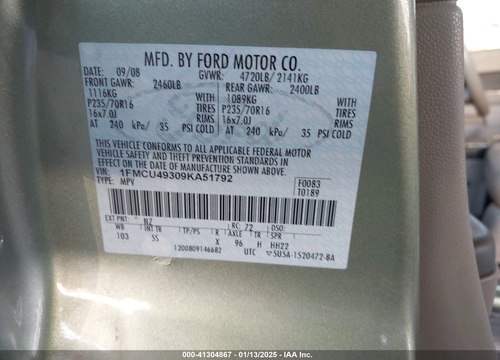 2009 FORD ESCAPE HYBRID LIMITED VIN: 1FMCU49309KA51792