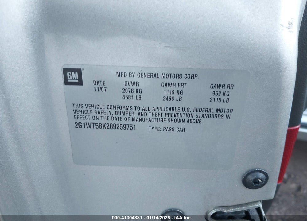 2008 CHEVROLET IMPALA VIN: 2G1WT58K289259751