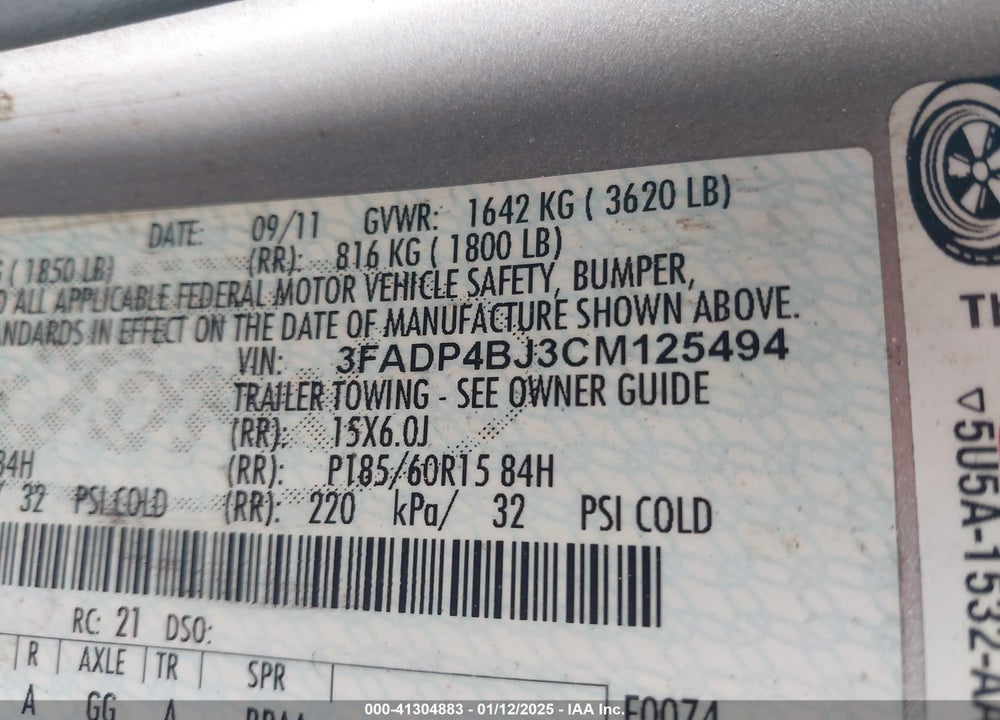 2012 FORD FIESTA VIN: 3FADP4BJ3CM125494