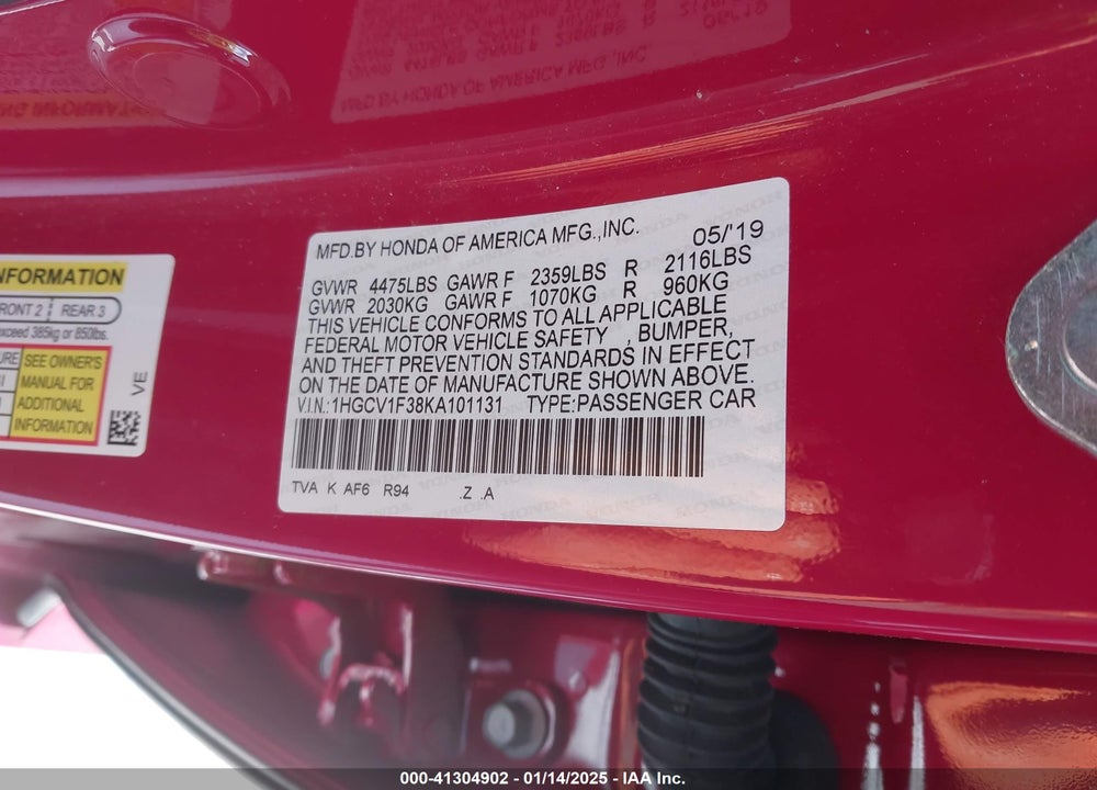2019 HONDA ACCORD VIN: 1HGCV1F38KA101131