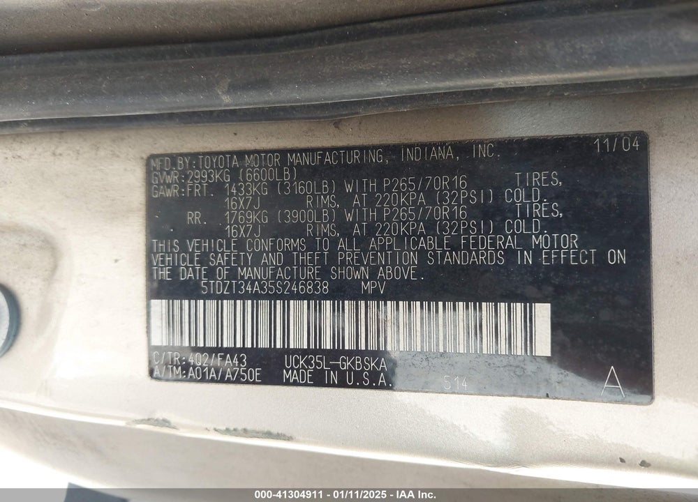 2005 TOYOTA SEQUOIA SR5 V8 VIN: 5TDZT34A35S246838