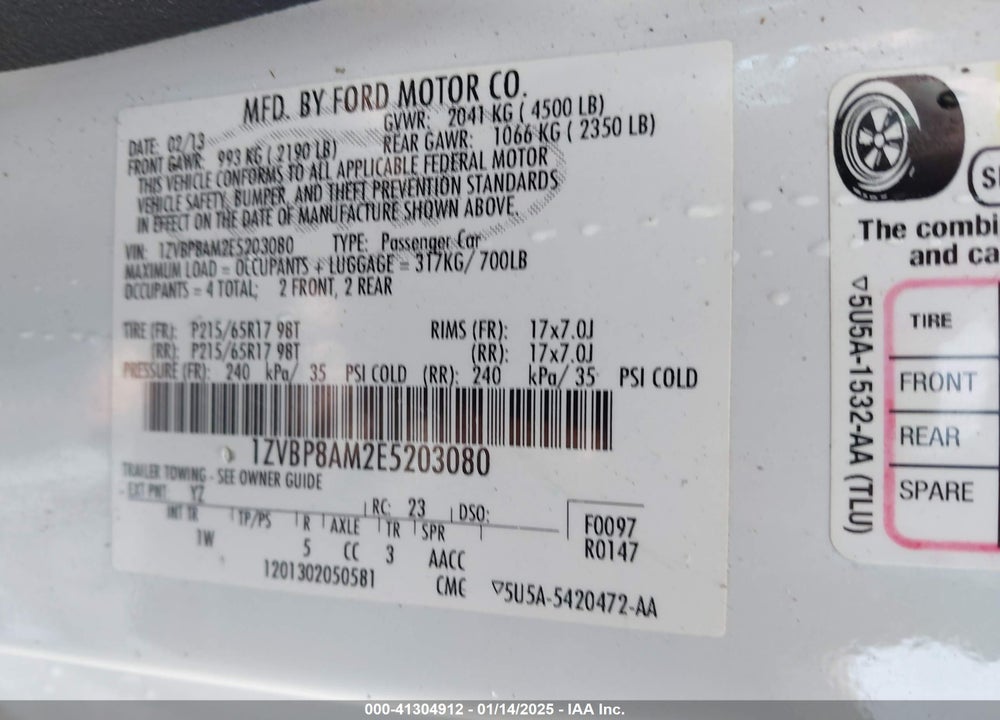 2014 FORD MUSTANG V6 VIN: 1ZVBP8AM2E5203080