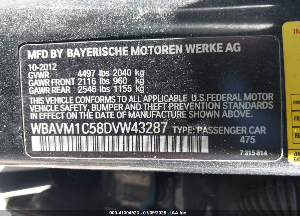 2013 BMW X1 SDRIVE28I VIN: WBAVM1C58DVW43287