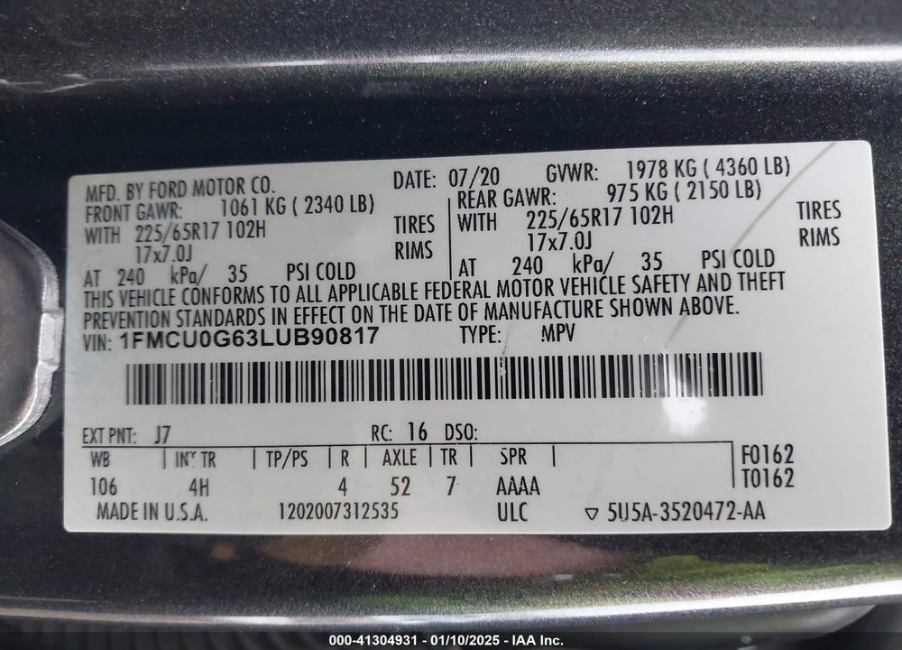 2020 FORD ESCAPE SE VIN: 1FMCU0G63LUB90817