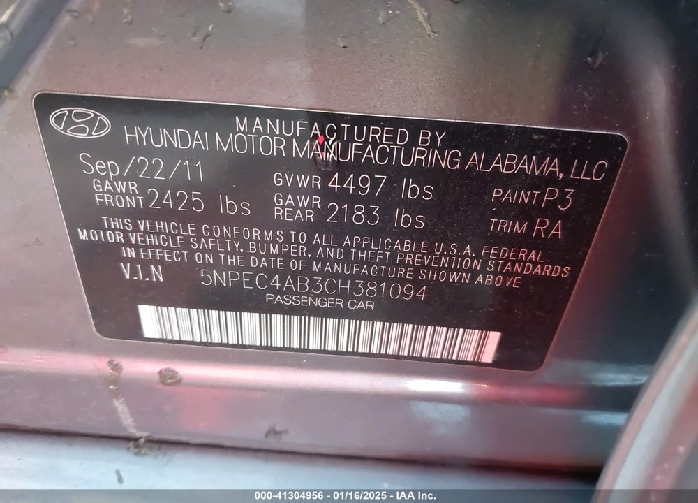 2012 HYUNDAI SONATA VIN: 5NPEC4AB3CH381094