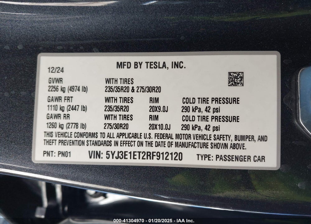 2024 TESLA MODEL 3 VIN: 5YJ3E1ET2RF912120