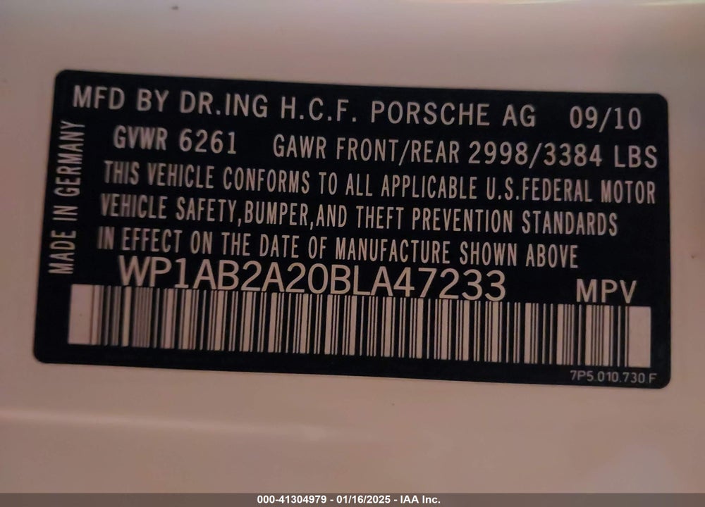 2011 PORSCHE CAYENNE S VIN: WP1AB2A20BLA47233