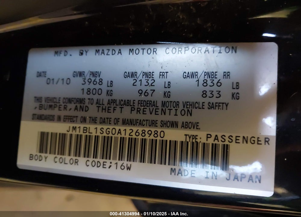 2010 MAZDA 3 VIN: JM1BL1SG0A1268980