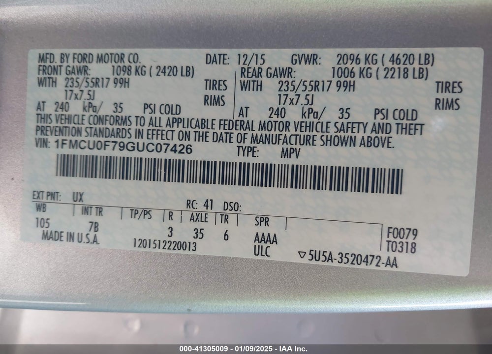 2016 FORD ESCAPE S VIN: 1FMCU0F79GUC07426