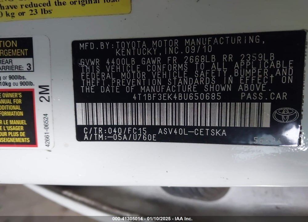 2011 TOYOTA CAMRY SE VIN: 4T1BF3EK4BU650685