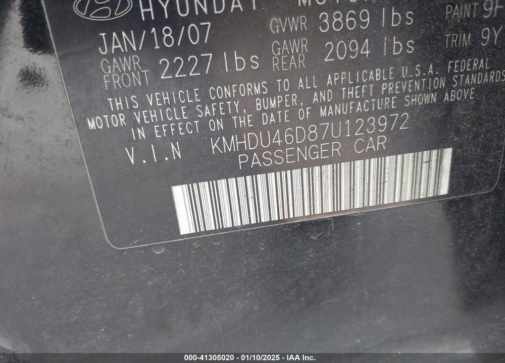 2007 HYUNDAI ELANTRA GLS/LIMITED/SE VIN: KMHDU46D87U123972