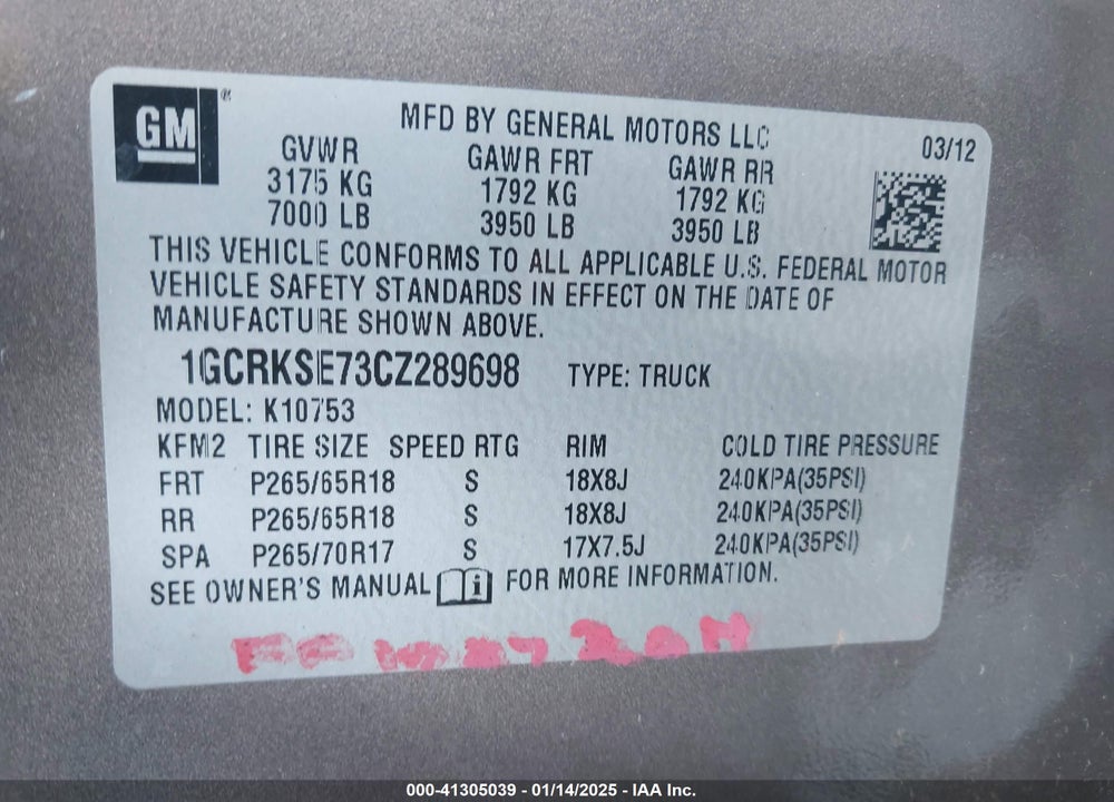 2012 CHEVROLET SILVERADO VIN: 1GCRKSE73CZ289698