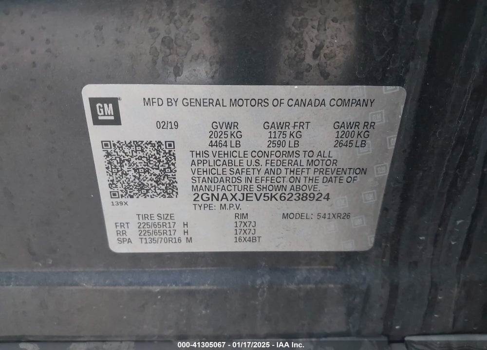 2019 CHEVROLET EQUINOX LT VIN: 2GNAXJEV5K6238924