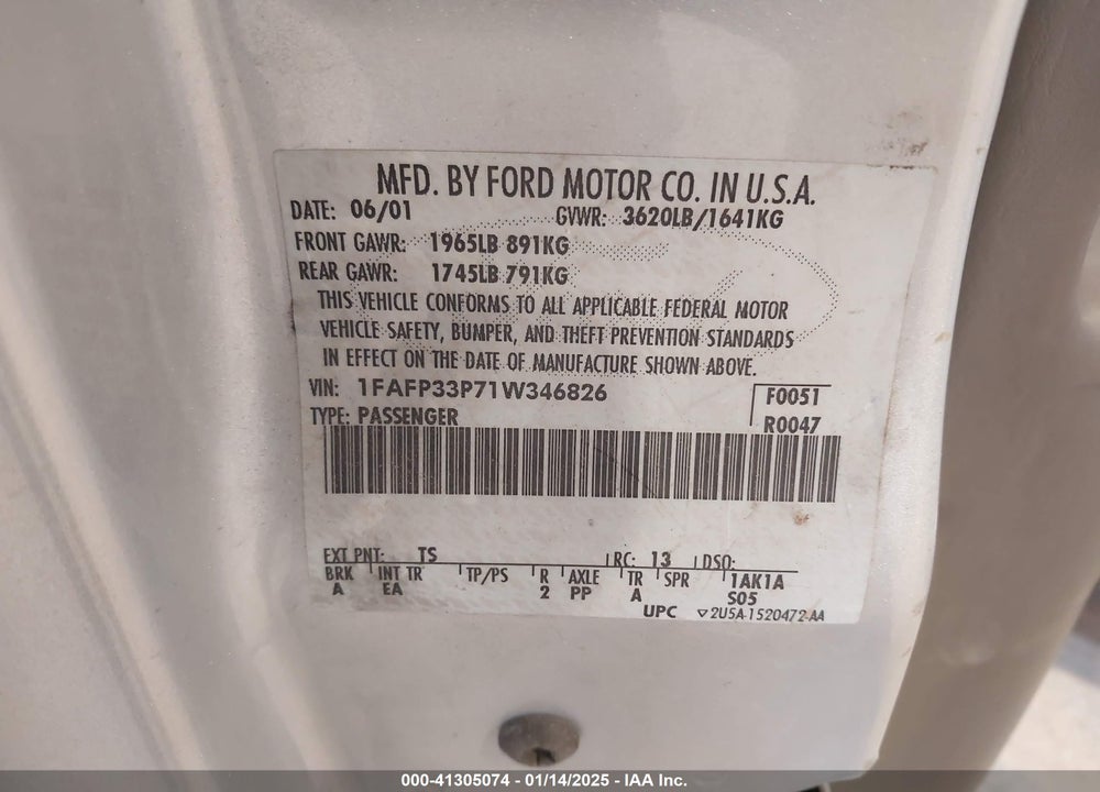 2001 FORD FOCUS LX VIN: 1FAFP33P71W346826