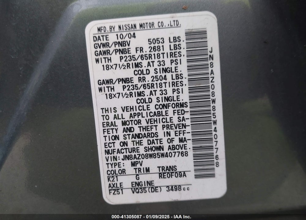 2005 NISSAN MURANO SL VIN: JN8AZ08W85W407768